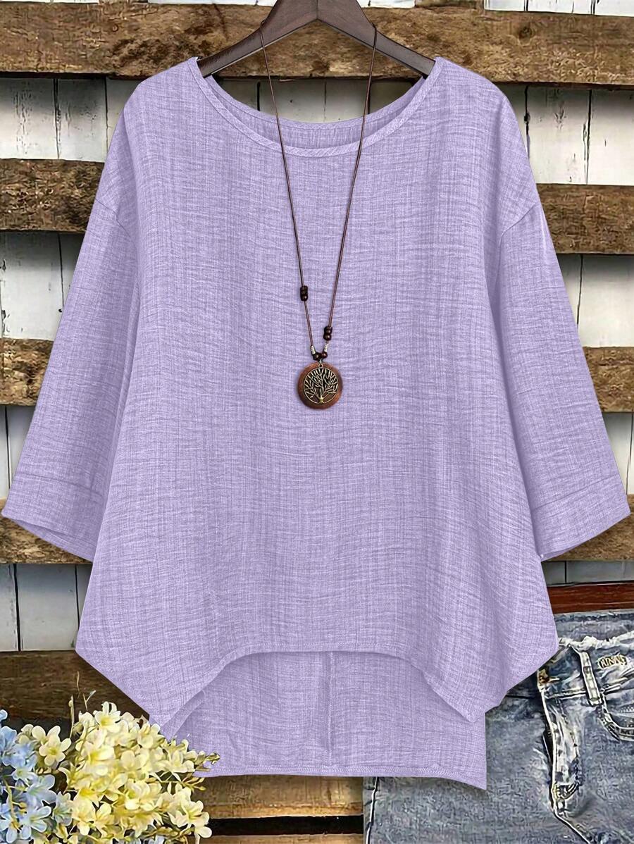 Blusa ampia casual da donna taglie forti, a tinta unita, con collo rotondo e spalle scoperte
