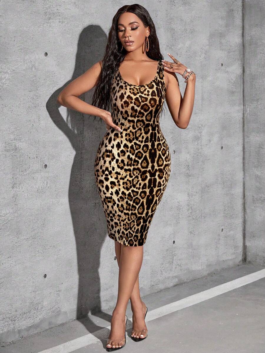 SHEIN SXY Zomerse modieuze luipaardprint mouwloze bodyconjurk voor dames