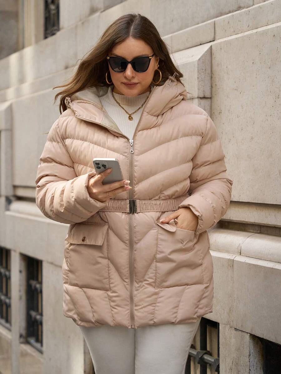 RueChic Plus Size Effen Kleur Winterjas met Riem
