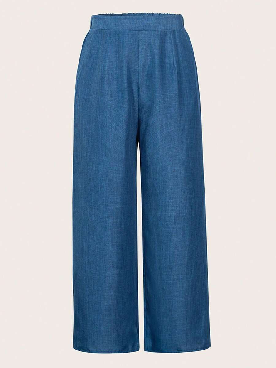 SHEIN PETITE Pantaloni lunghi casual di alta qualità di colore blu scuro con tessuto lavorato, in taglie comode, con vita elastica e gamba ampia, design semplice e versatile, adatti per uso quotidiano, pendolarismo, attività del tempo libero, fotografia - comodi, eleganti e ottimo rapporto qualità-prezzo