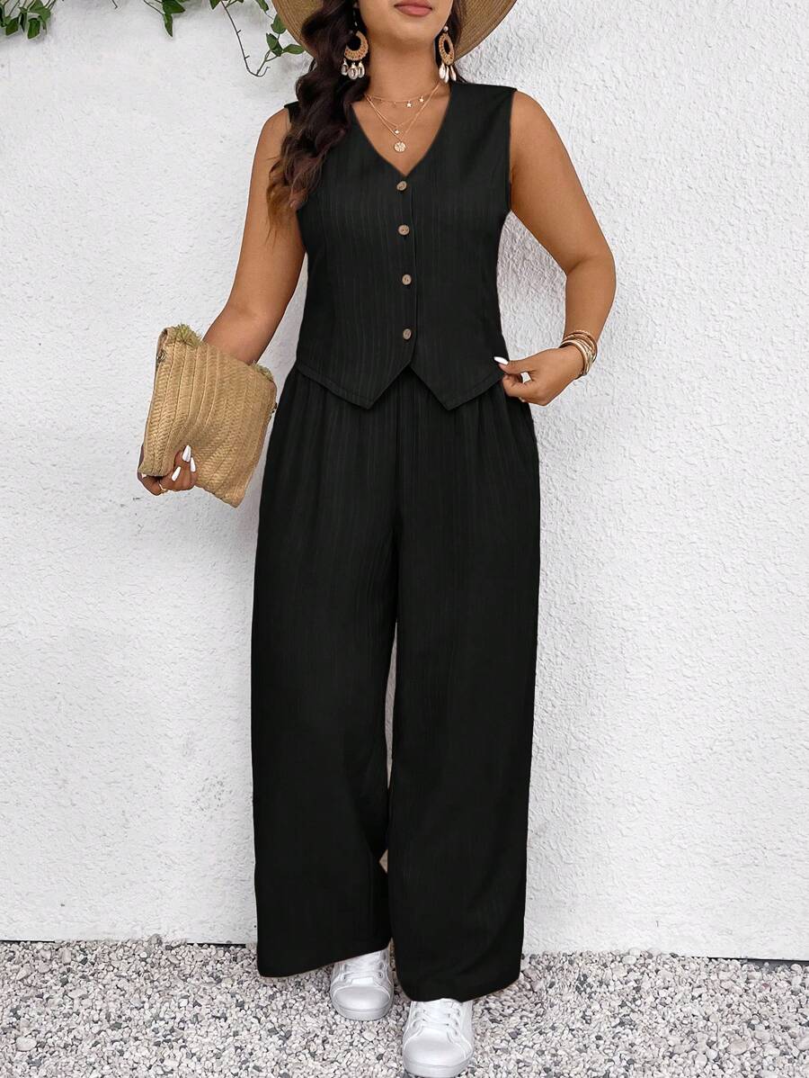 SHEIN Frenchy Conjunto de chaleco y pantalón talla grande para mujer, nuevo conjunto casual de primavera/verano con textura de 2 piezas en color albaricoque