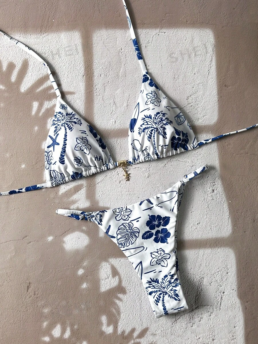 Swim Chiccia Springbreak Women Metal Decor Curea Spaghetti Print Random Print Sexy Bikini Seturi de costume de baie