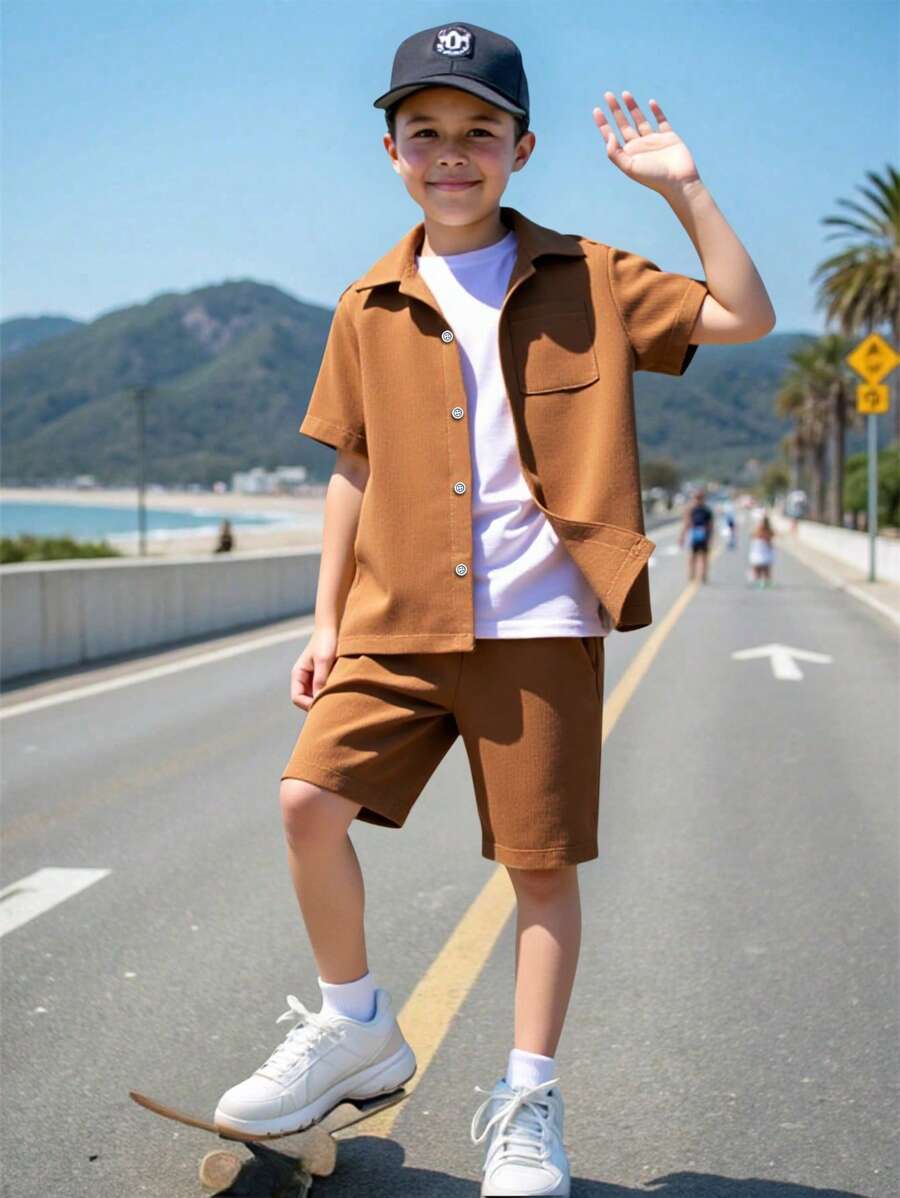 SHEIN Tween Boy Solid Color Single-Breasted Shirt & Shorts 2 Pieces Casual Set