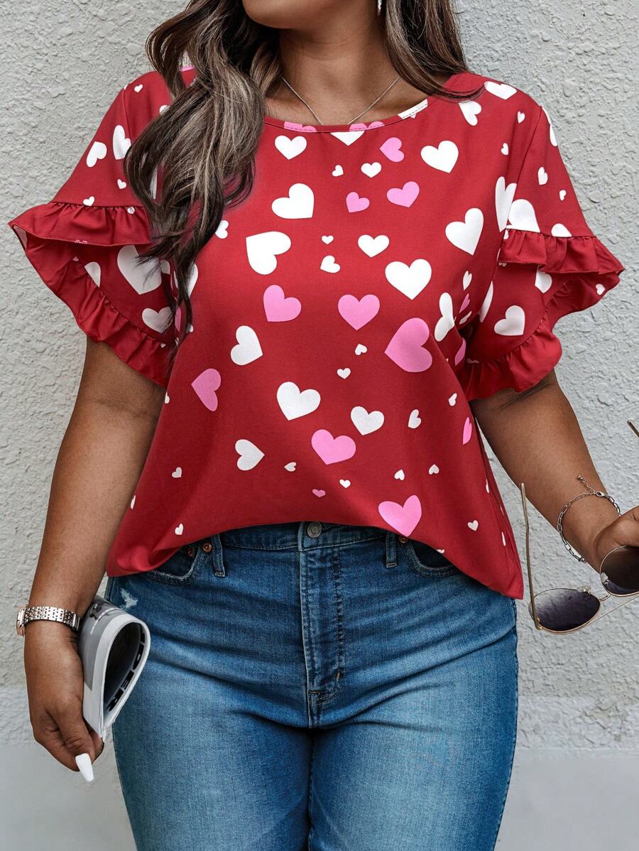 SHEIN LUNE Camicia a tema San Valentino con stampa a cuori, taglie comode