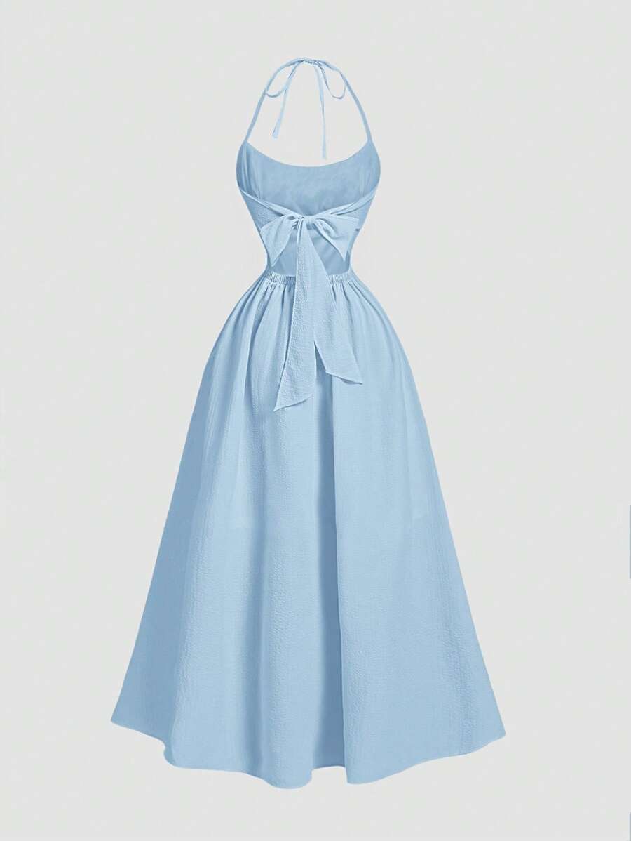 SHEIN X ELOISA & ORSON SHEIN MOD Vestido largo sin espalda con lazo para mujer en color amarillo, de estilo romántico y bohemio