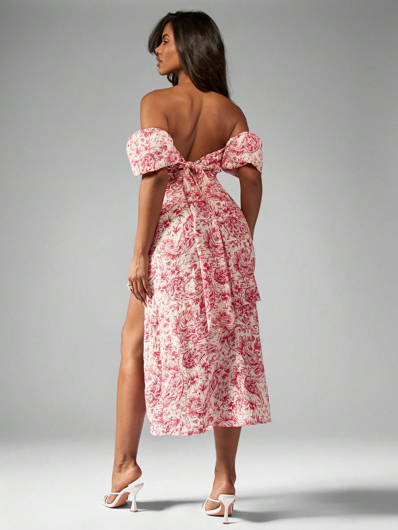 MISSGUIDED Off Shoulder Paisley Print Puff Sleeves High Slit