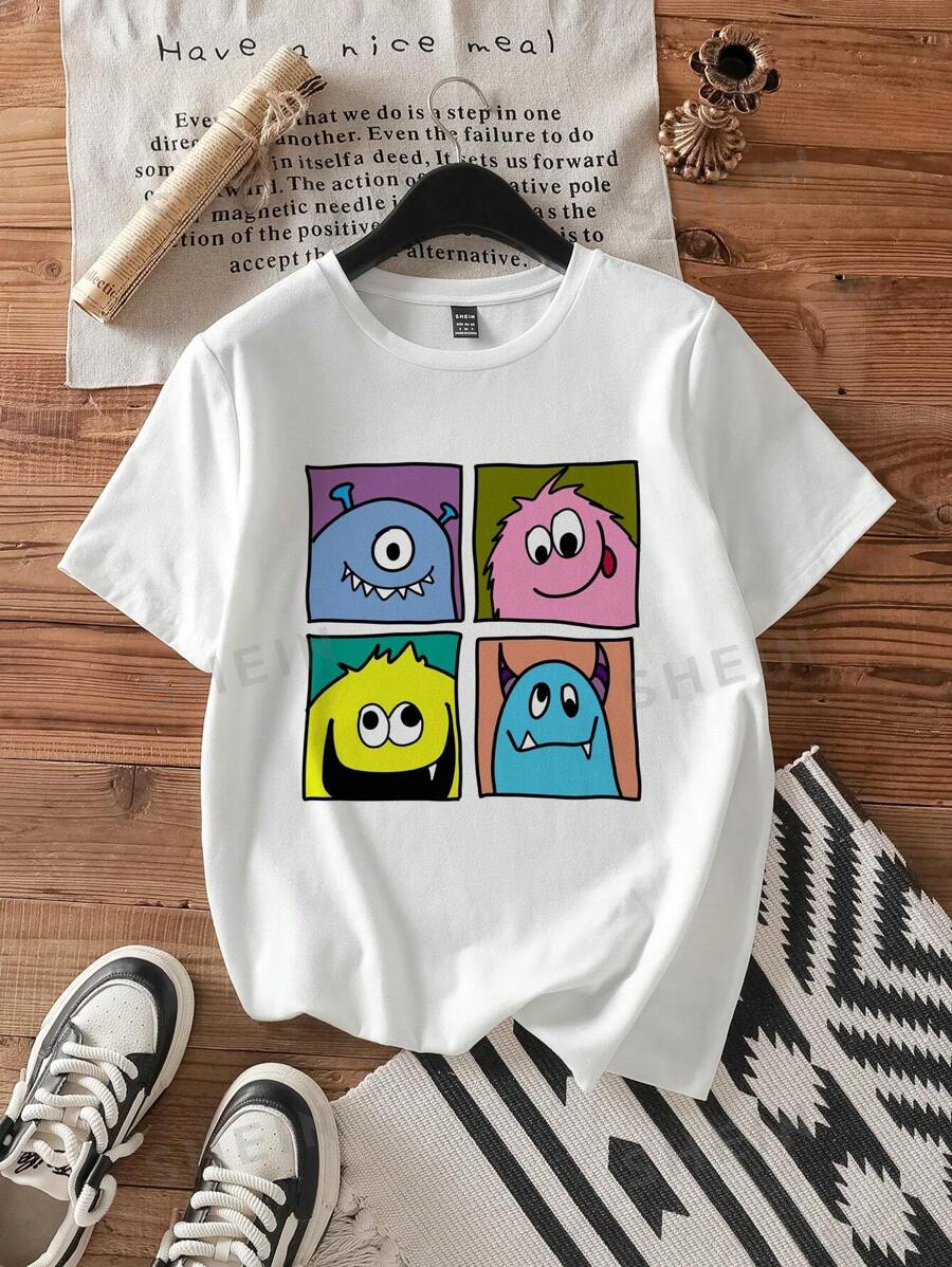 Attitoon Camiseta casual y simple de talla grande para mujer con cuello redondo, manga corta y patrón estampado, adecuada para el verano