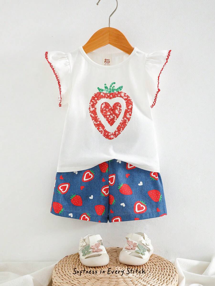 Cozy Pixies 2 Stücke Baby Mädchen Set mit Erdbeermuster, bestehend aus Rundhals-Top mit Kurzarm und Shorts mit elastischem Bund