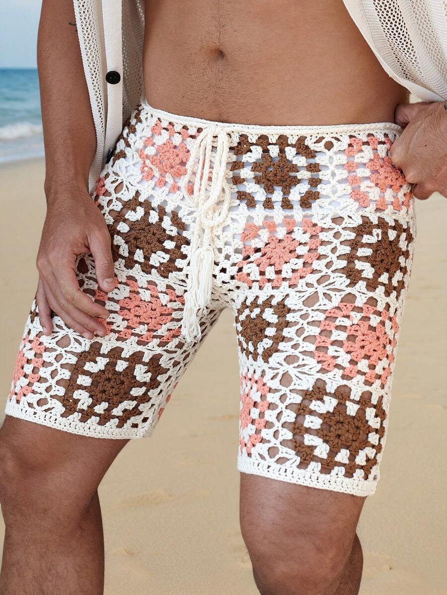 Manfinity RSRT Men's Vacation Casual Contrast Color Hollow Out Knit Shorts Crochet Beach Shorts Men Swim Trunks