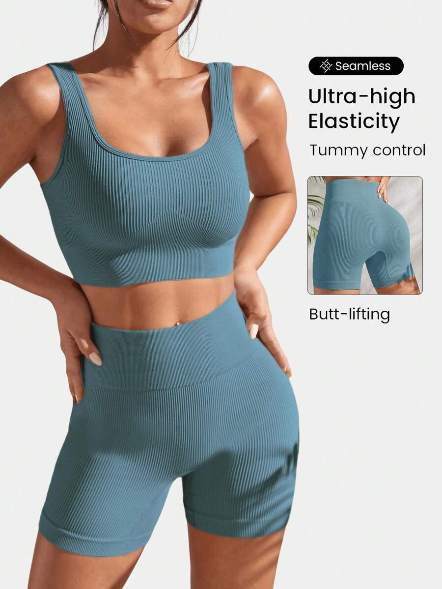Seamluxe SHEIN Sport 2pcs Seamless Yoga Set Sports Suit Ribbed Knit Tank Wide Waistband Tummy Control Shorts Workout Women Set Gym Women Outfit