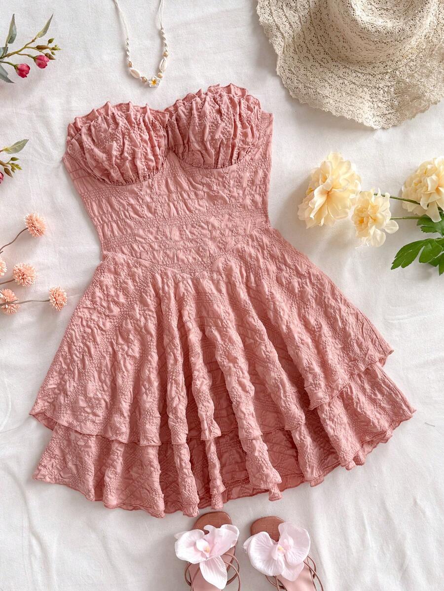Soleia Plus Size Women Romantic Pink Ruffled Asymmetric Hem Halter Mini Dress, Suitable For Christmas Party, Dating