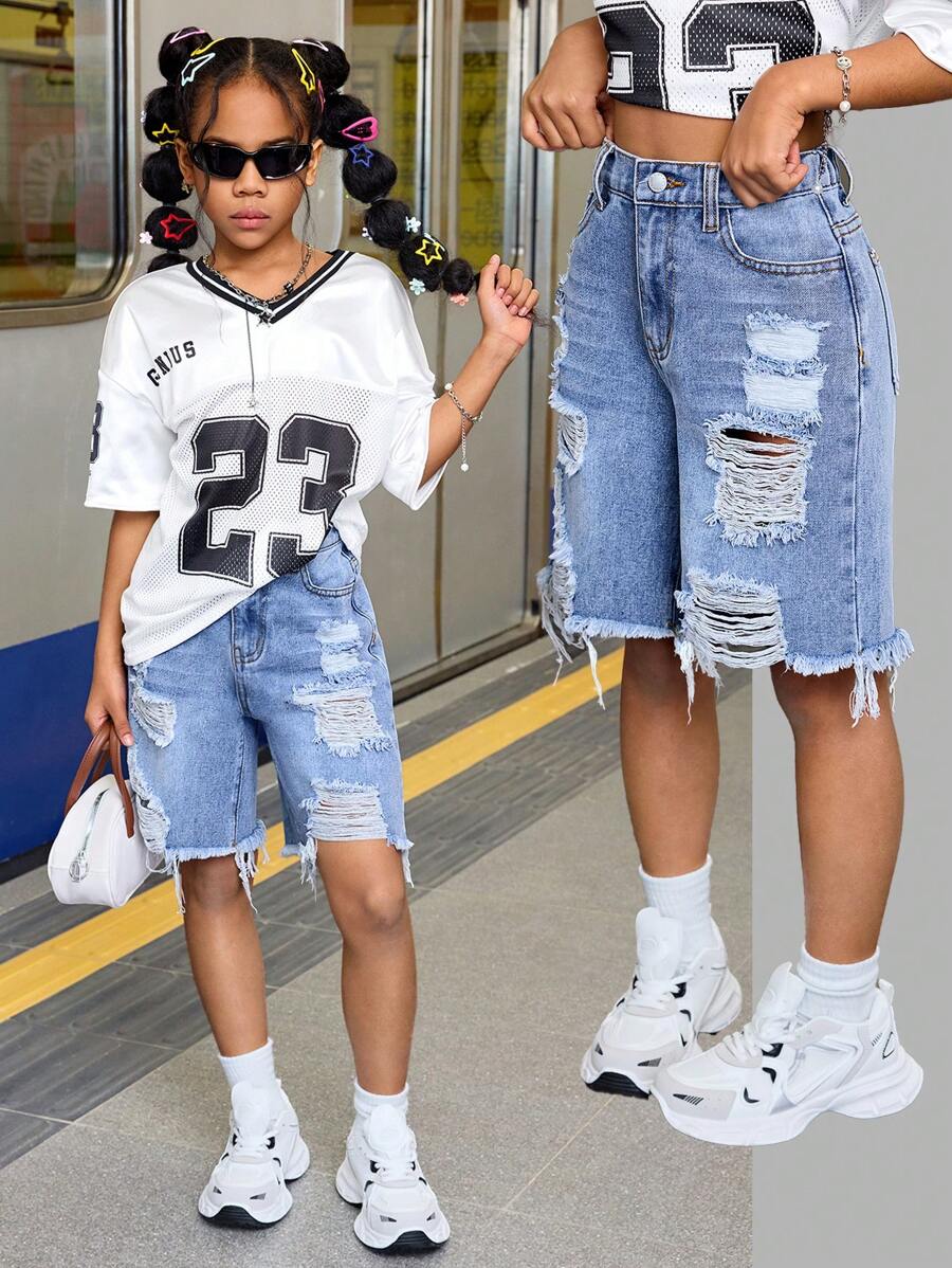 SHEIN Tween Girl's Y2K High Waisted Loose Fit Light Blue Ripped Baggy Soft Denim Bermuda Jeans Long Shorts With Raw Hem,Summer Biker Shorts Boho Beach Concert Rave Festival Outfits,Girls Cute Summer Short Graduation Outfits