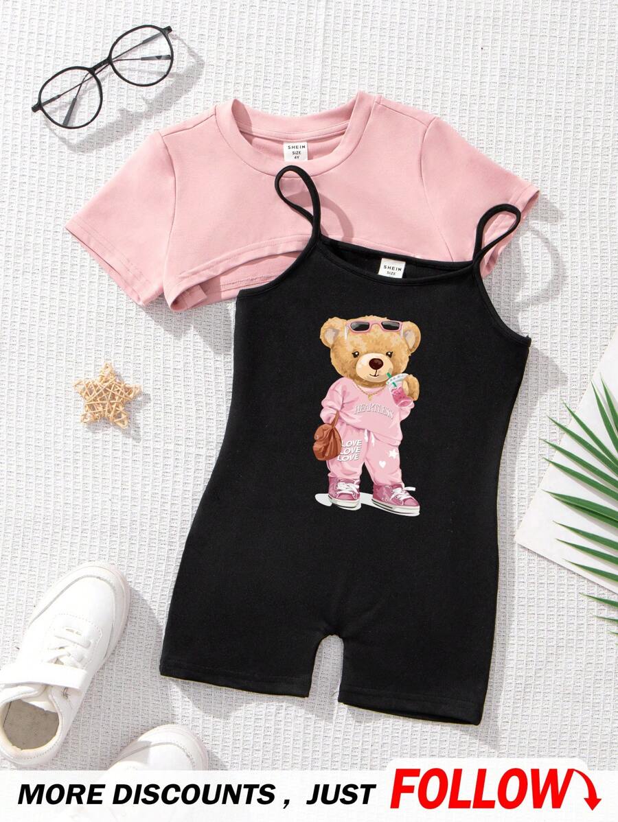 SHEIN Conjunto de 2 peças com Camiseta Super Crop de Manga Curta com Padrão de Urso Cartoon Simples e Macaquinho, Adequado para o Verão e para Meninas Jovens