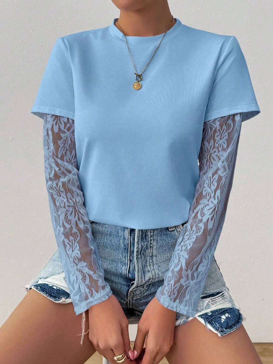 Chiquease Women's Round Neck Fashion Lace Sheer Long Sleeve T-Shirt