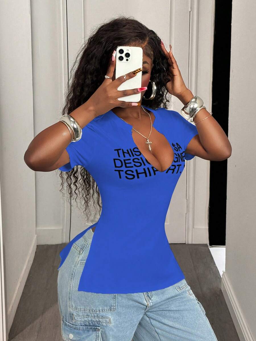 BamGleam Maglietta casual da donna, scollo a V, maniche corte, con stampa di slogan
