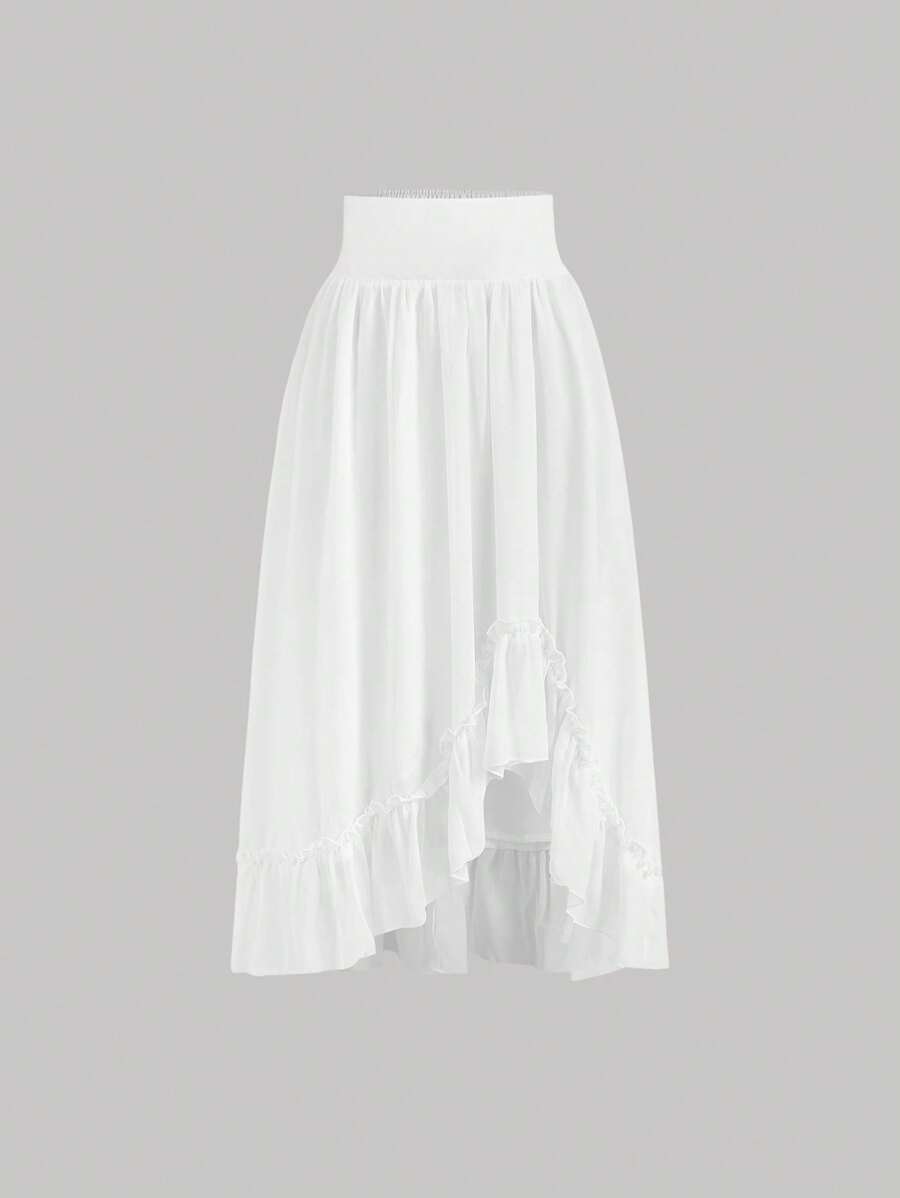 SHEIN MOD Women's White Woven Fabric Casual Long Skirt With Ruffle Hem Detail