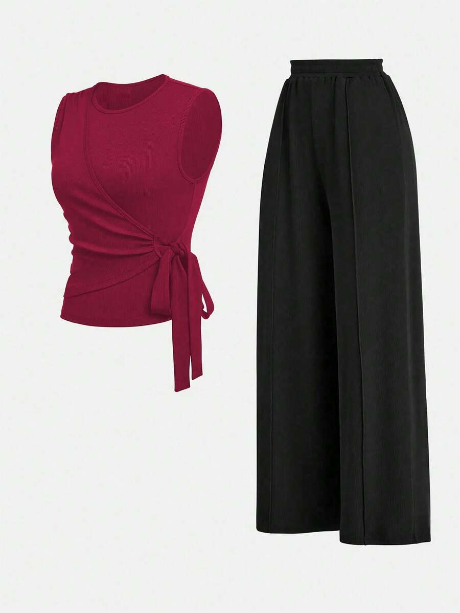 SHEIN Clasi 2 pezzi Set camisole e pantaloni da donna con collo rotondo liscio e vita attorcigliata