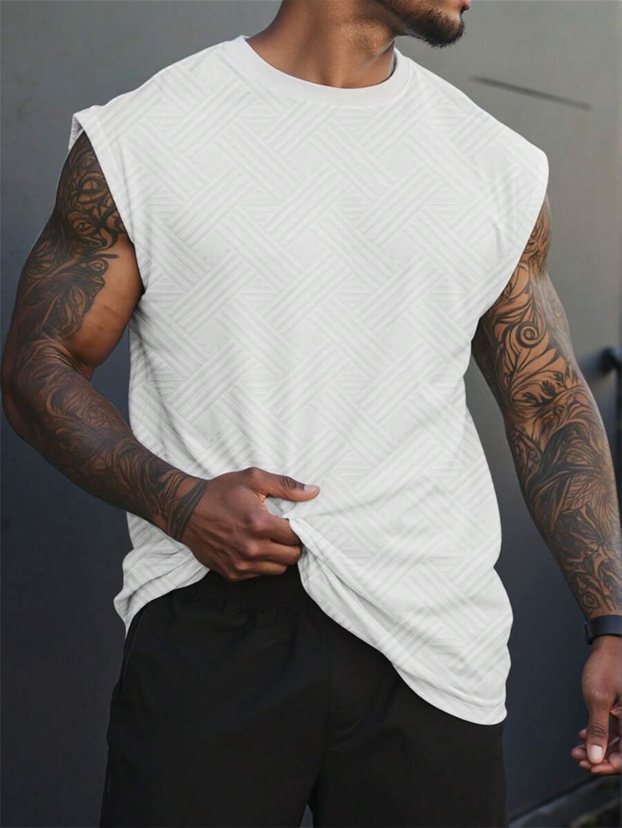 Manfinity CasualCool Men's 3D Jacquard Casual Tank Top, Men's Textured Summer Casual Tops Solid Color Wide Strap Tank Top, Perfect For Beach Vacation, Summer Boyfriend Gifts
