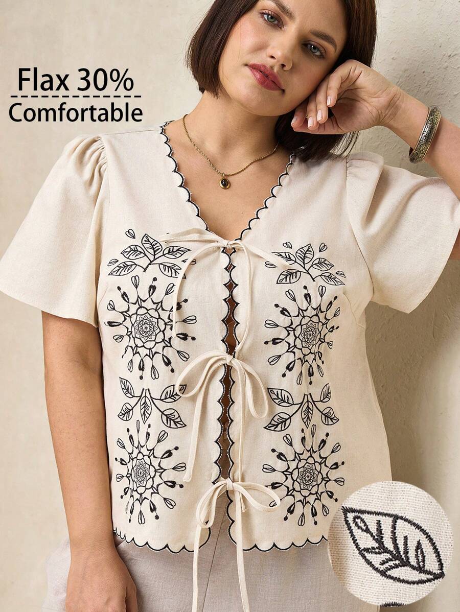 SHEIN Clasi Women Plus Size Apricot Embroidery Bow Front Open Blouse, Elegant Daily Comfortable Short Sleeve Top, Spring/Summer Plus Size Women Casual Tops Business Casual Woman Tops Office Tops For Women Vacation Tops Boho Tops For Summer Going Out Top V Neck Top Women Tops Summer