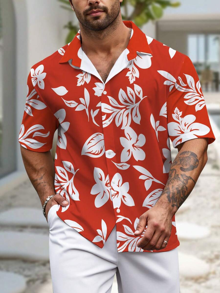 Manfinity RSRT Plus Size Men's Vacation Plant Printed Short Sleeve Single-Breasted Shirt