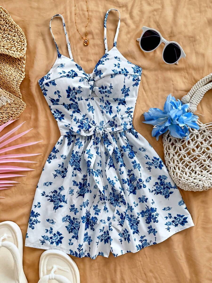 Soleia Combinaison large à jambes large avec imprimé floral romantique, à croisillon devant noué et froncé. Convient pour les vacances