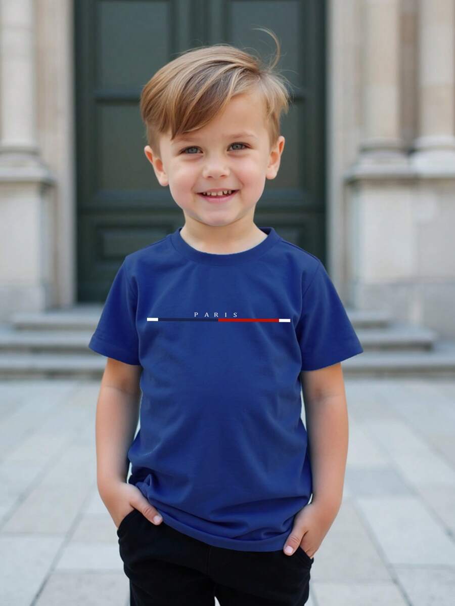 SHEIN Kleine Jungen Paris Linien Muster Rundhals Kurzarm Basis Lässig T-Shirt, Marine Blau