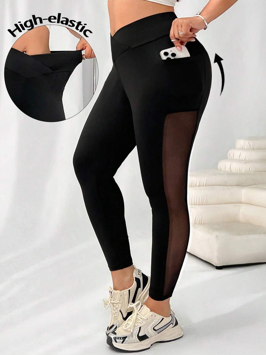 SHEIN EZwear Plus Size Dames Zwarte Contrast Mesh Zak Leggings