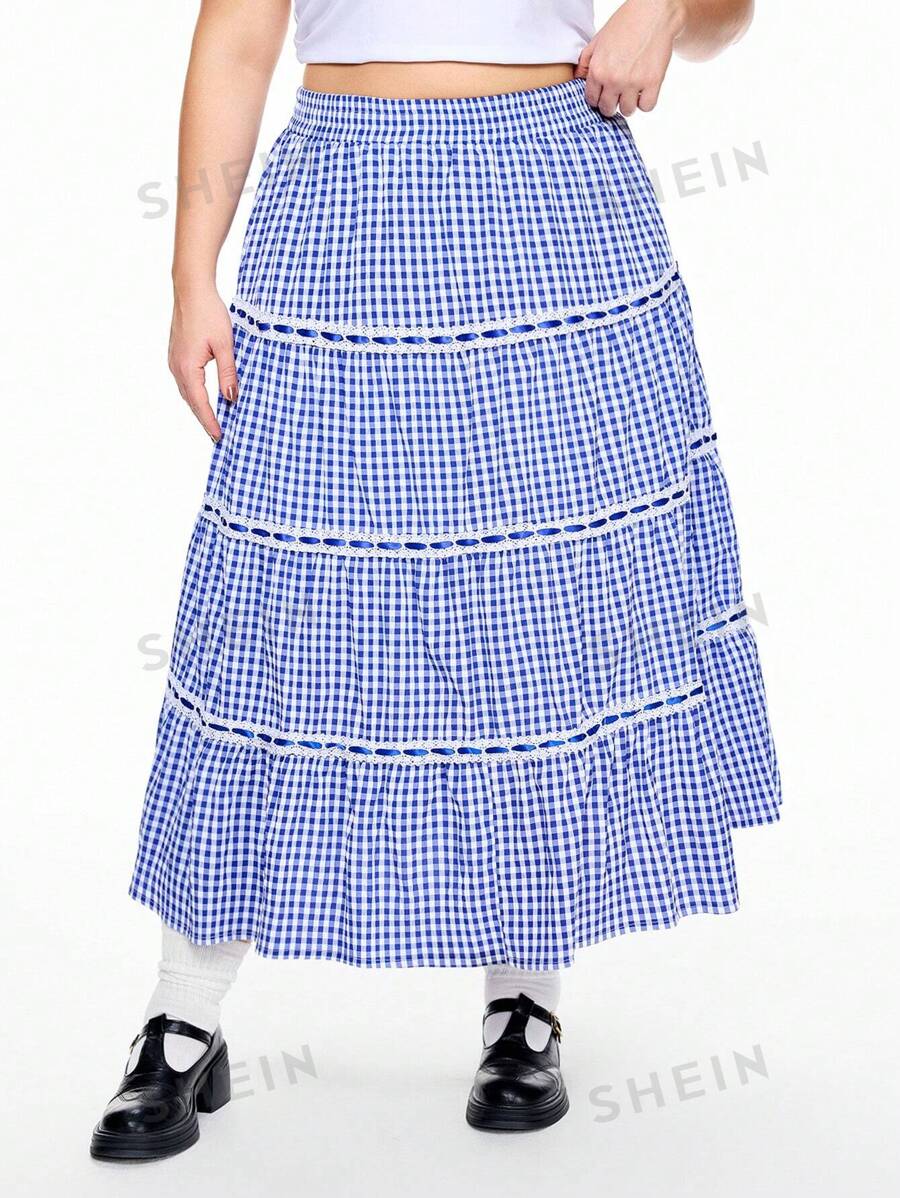 ROMWE Kawaii Conjunto de vacaciones para mujer con falda A-line plisada y con volantes, cinta a cuadros, talla grande