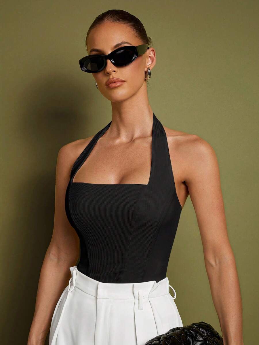 COSMINA Parte superior de halter blanca para mujer, elegante para ocasiones formales, uso diario en la oficina, estilo de influencer, coqueta, estilo de dinero antiguo, atuendos de verano