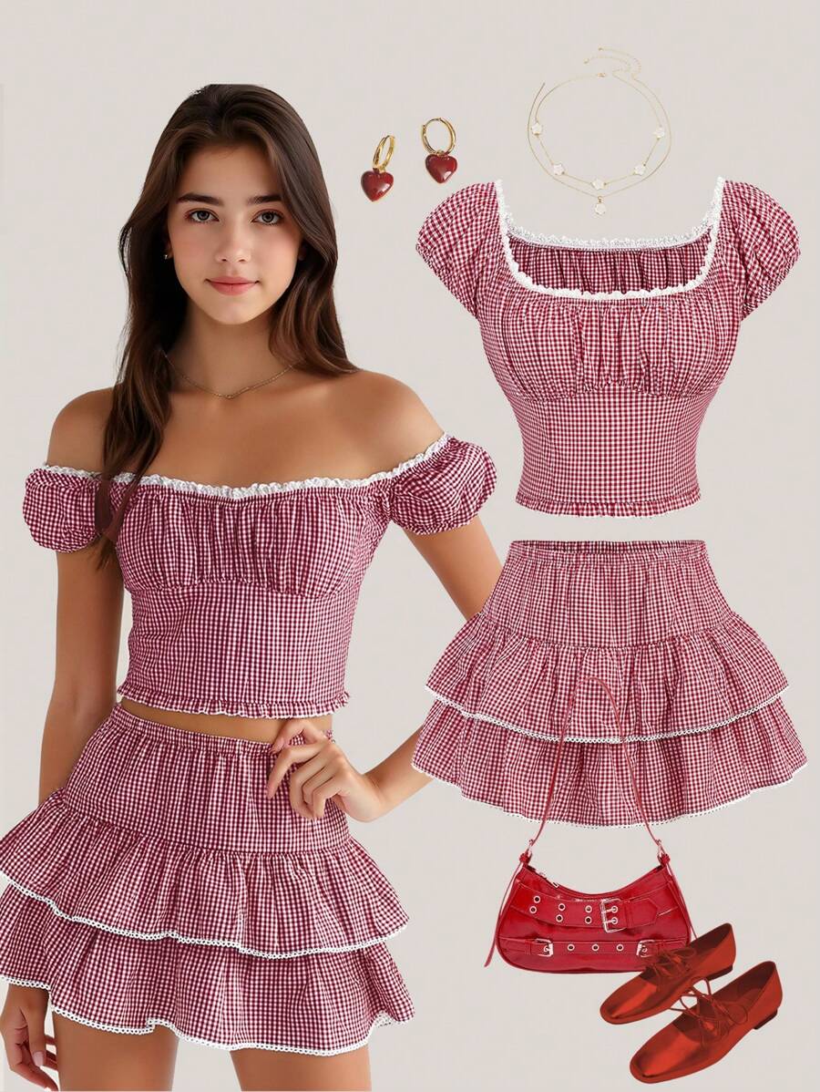 Girlism Teen Girl Spring/Summer Holiday U-Neck Ruffle Ruffle Bow Top & Plaid Ruffle Shirt With Ruffle Hem Skirt /Clothes Teen Two Pieces Outfits / Outfits For Girls Summer/ Skirt Sets For Teens/ Girl Outfit Young Girls Sets