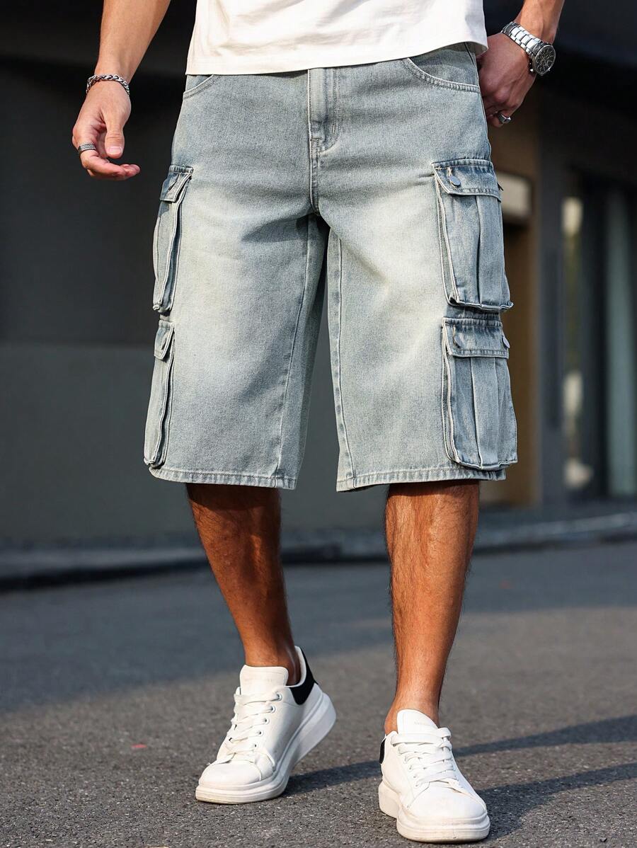 RivetRise Pantalones cortos vaqueros de verano informales para hombre con bolsillos múltiples y efecto desgastado