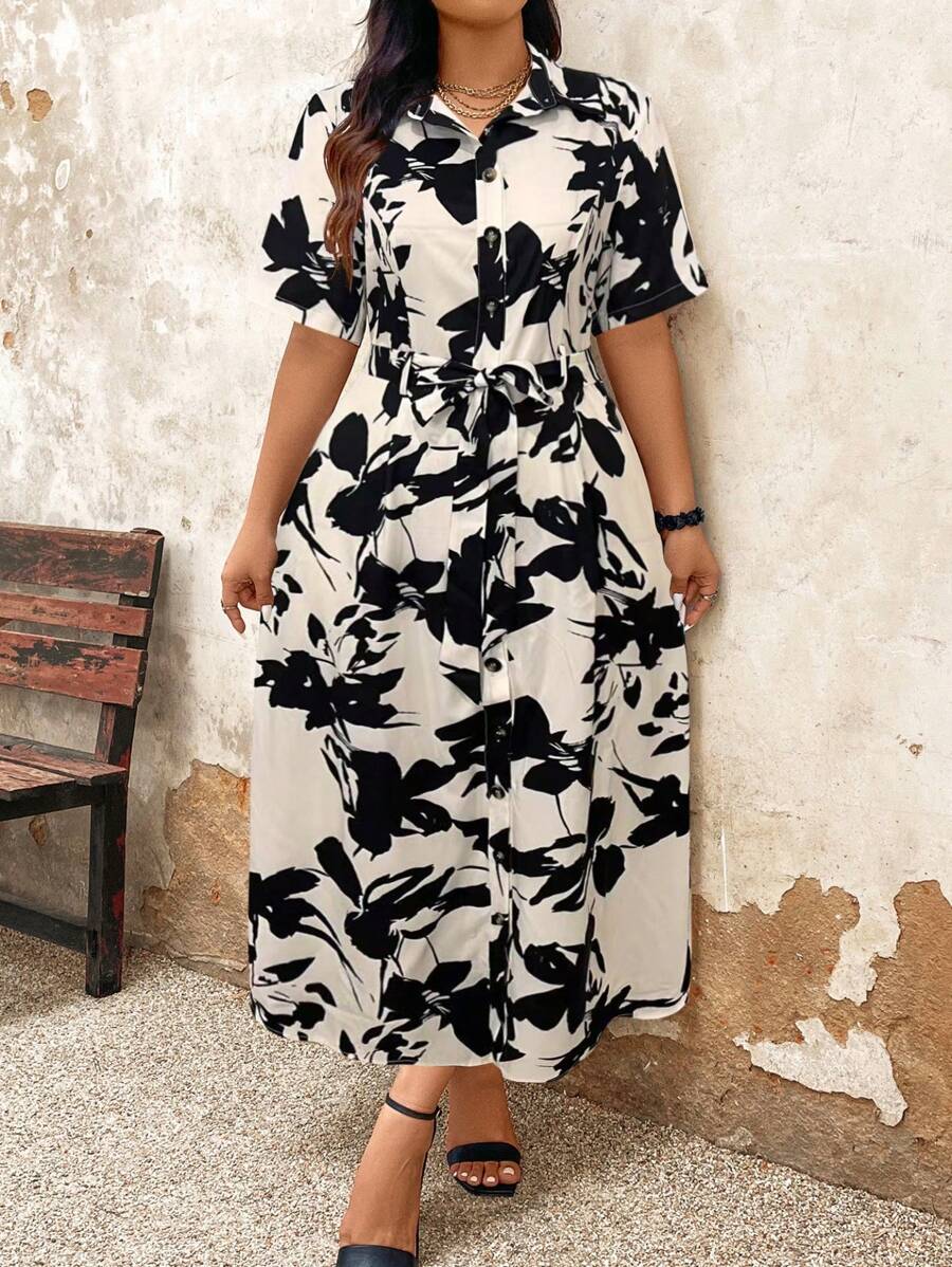 EMERY ROSE Vestito camicia maxi da donna con stampa all over e cintura