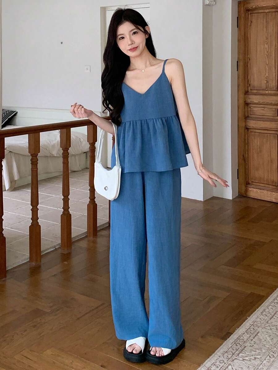 DAZY 2pcs/Set Women Summer Casual Solid Color Camisole And Long Pants,Ruffle