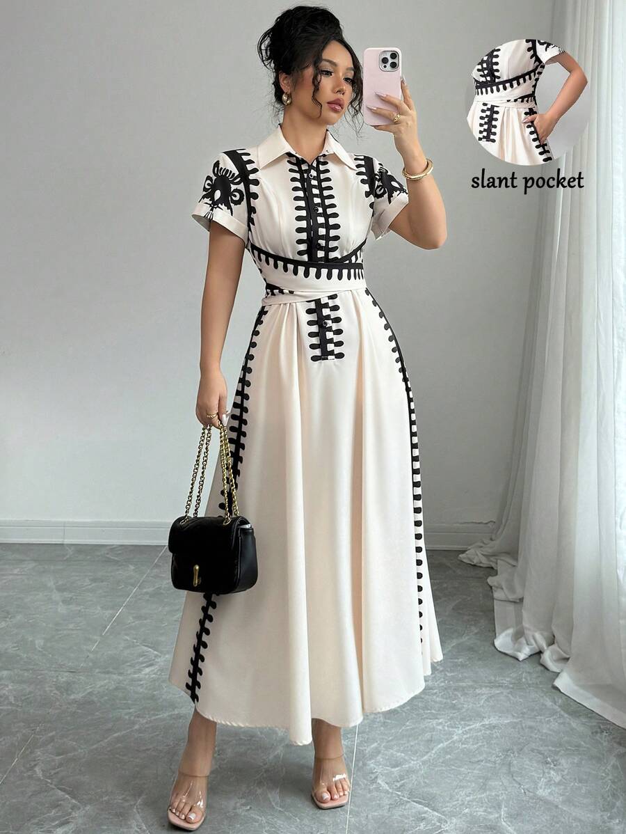 Elenzga Shirt Collar Single Placket Design Waist Twist Tie Dress