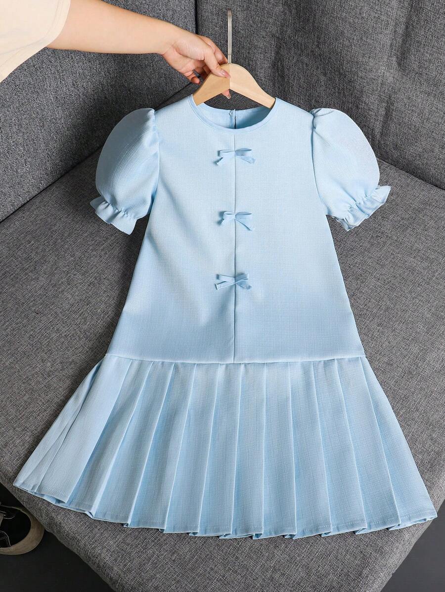 Vestido mini plisado con lazo y textura de color liso de manga corta para niñas preadolescentes, adecuado para verano, vacaciones, viajes