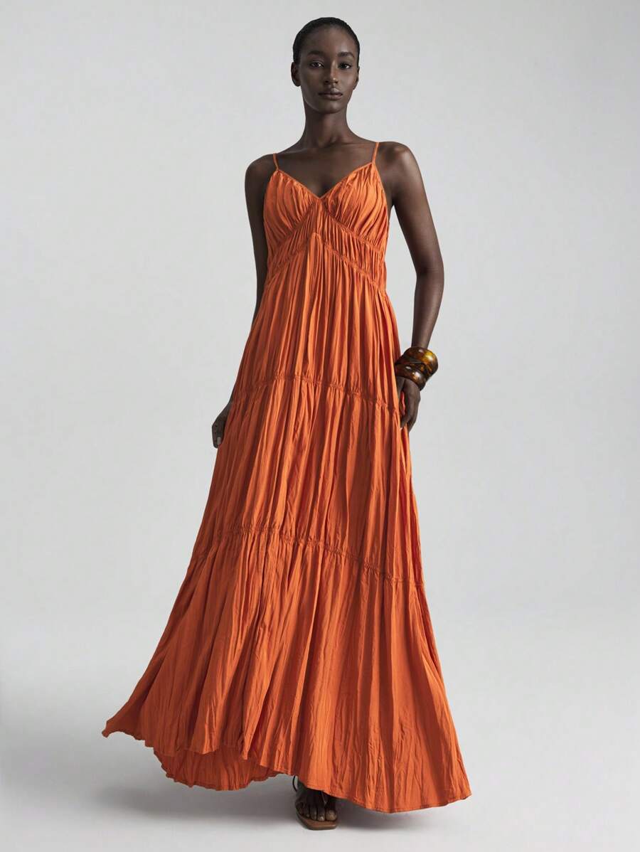 Ontre 2025 Women's Vacation Solid Color Ruffle Hem Sleeveless Dress, Bohemian Style, Suitable For Ibiza Island, Vacation, Festival, Orange