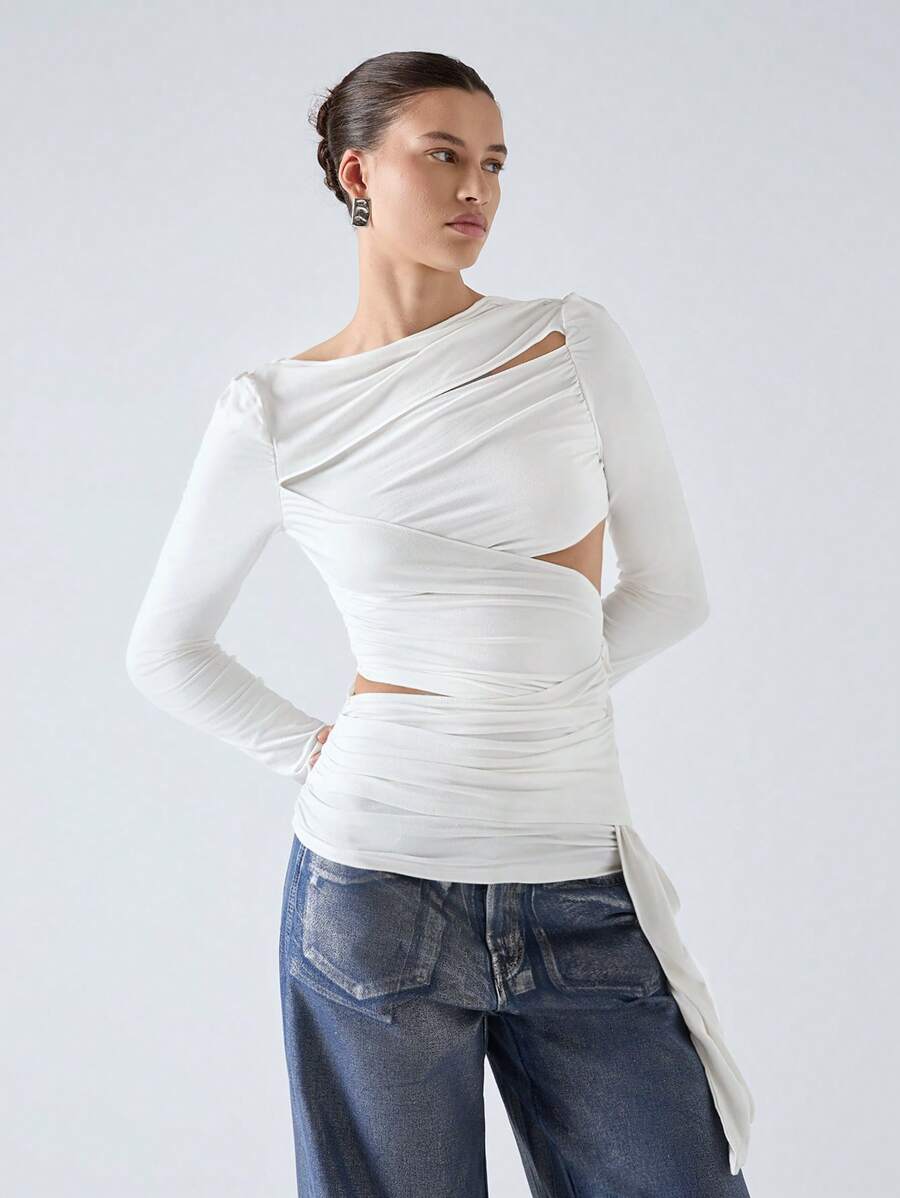 LYSMO Women's Solid Color Asymmetrical Wrap Fitted Long Sleeve T-Shirt