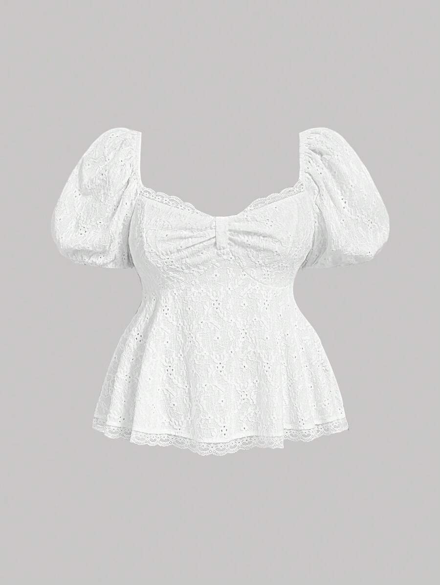 SHEIN MOD Plus Size Lace Flared Puff Sleeve Blouse, Babydoll Top, Stylish & Minimalist For Summer