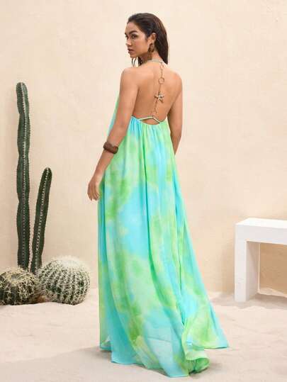 BY FELIZIA Teal Summer Chiffon Print Beaded Backless Sexy Maxi Dress Seaside Vacation Party Dress