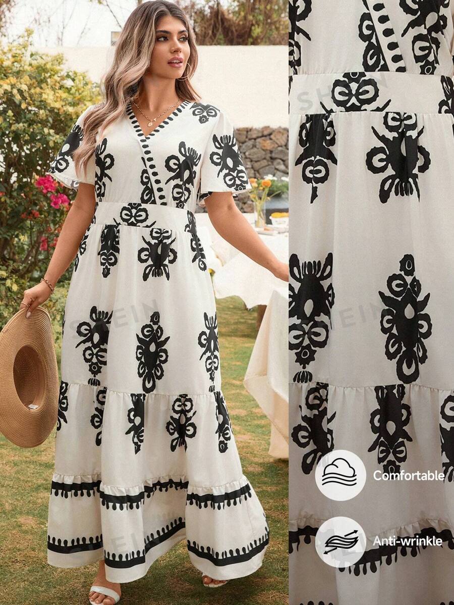 SHEIN LUNE Vestido estampado de talla grande, estilo informal de vacaciones y atuendos de verano para mujer, atuendos de vacaciones para mujer, atuendos de festival rave, vestido bohemio/bohemio para mujer, atuendo de concierto, vestidos blancos para mujer
