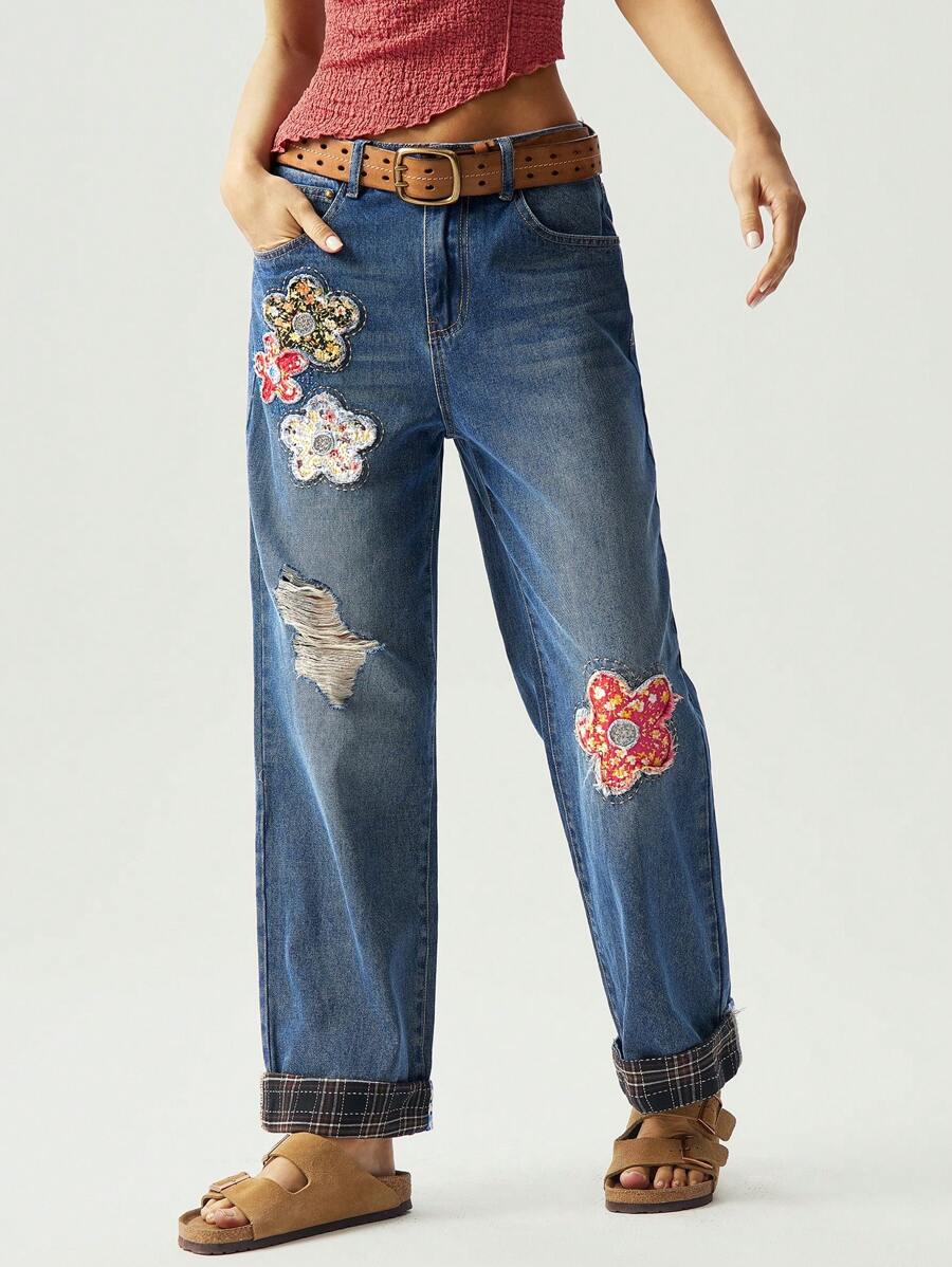 Bohemela BOHO Denim Casual Solid Color Denim Flower Embroidery Women's Ankle Length Pants Jeans For Women Women Jeans Women Plus Clothing Pants Baggy Jeans Women Women Baggy Jeans