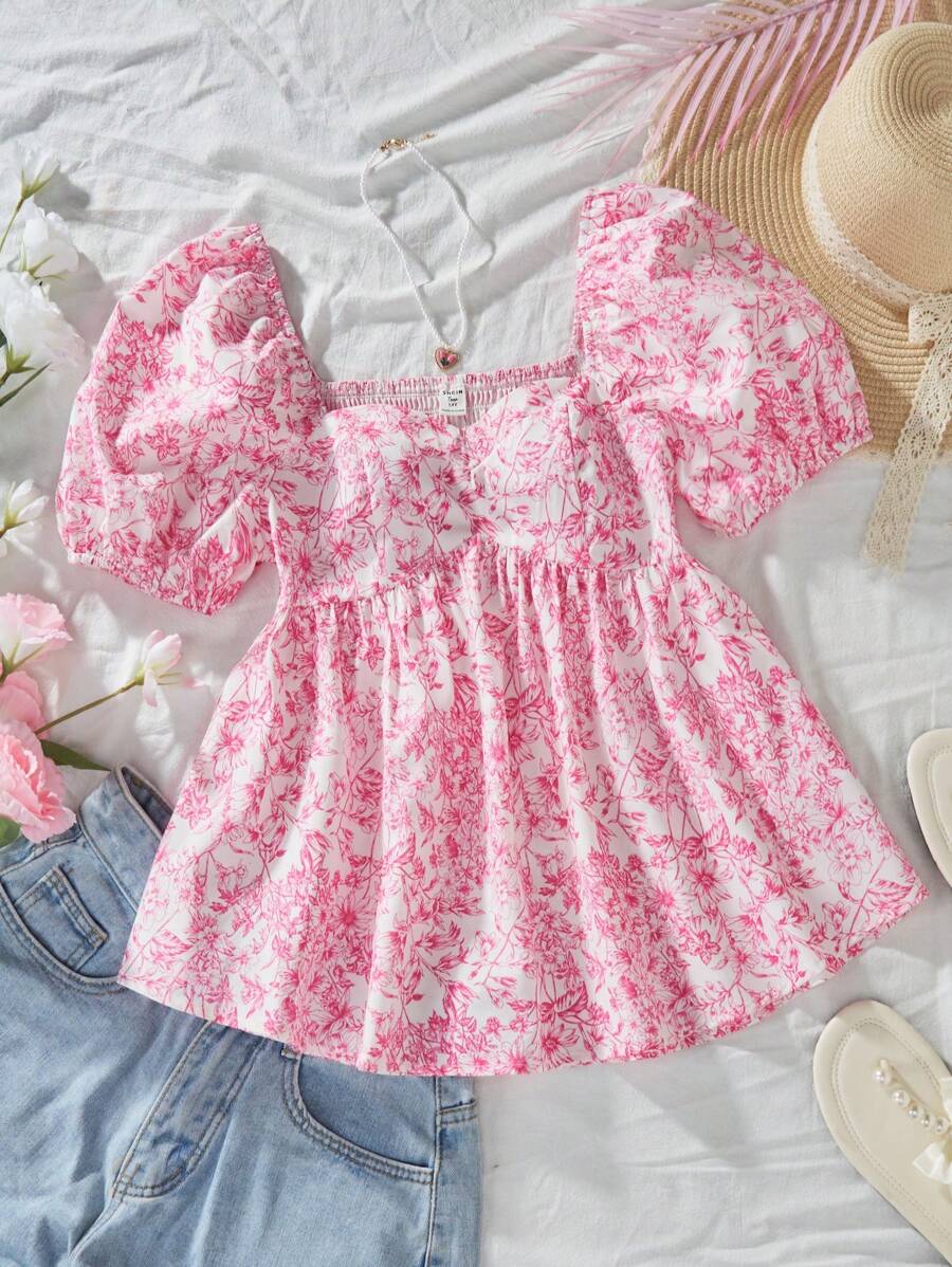 Teens' Girl Tiered Puff Sleeve Button Down Shirt With Printed Pattern