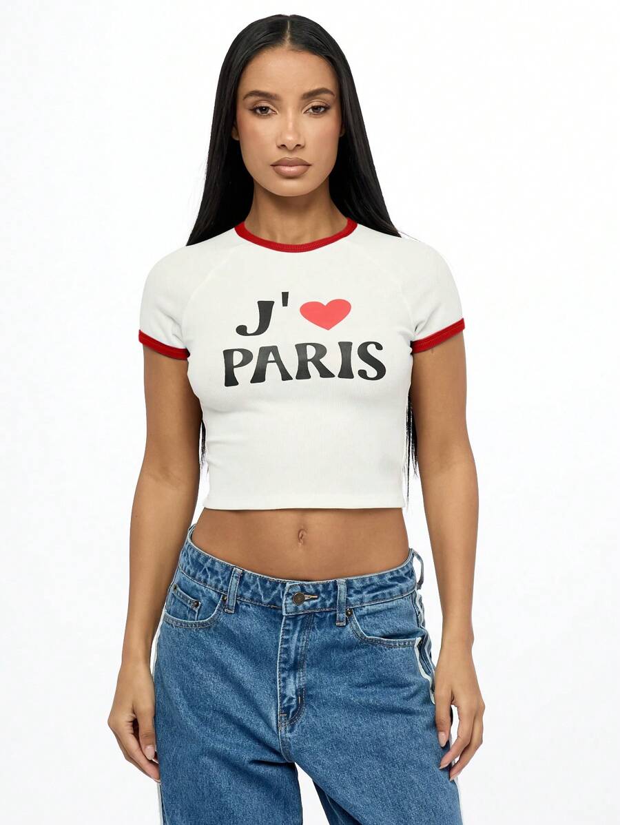 SUMWON WOMEN Camiseta corta de verano estilo retro con estampado de corazón y texto "J'aime Paris" en francés. Prenda casual de manga corta, ideal para festivales, viajes y uso diario.