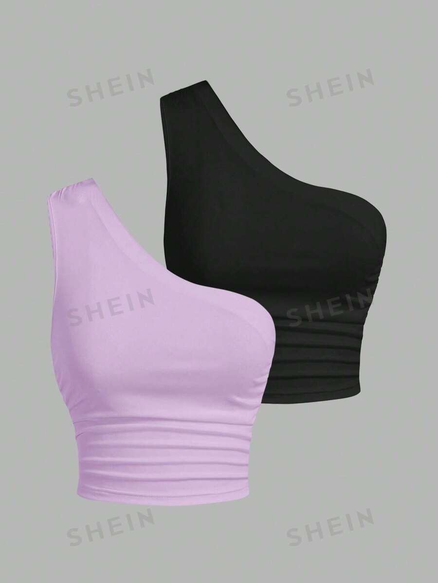 SHEIN EZwear Top de mujer de punto de un solo hombro en tonos negro y lavanda