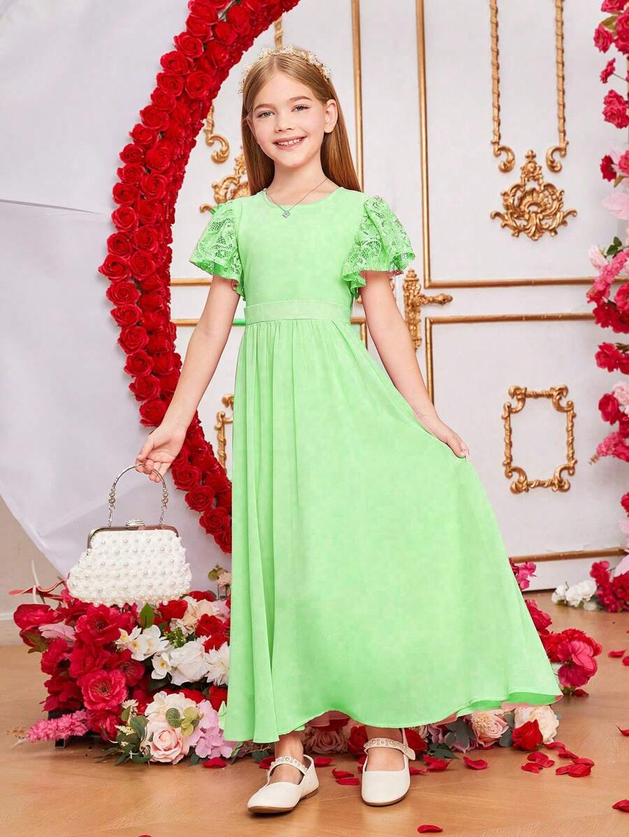 Kleinkind Mädchen A-Linie Kleid mit Spitzenkappärmeln und hoher Taille, süßer Prinzessinnenstil, weich und bequem
