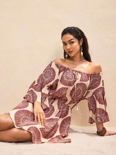 BY FELIZIA Women's Multicolor Summer Vacation Print Off-The-Shoulder Ruffled Bell Sleeve One-Shoulder Mini Dress Beach Vacation Dress