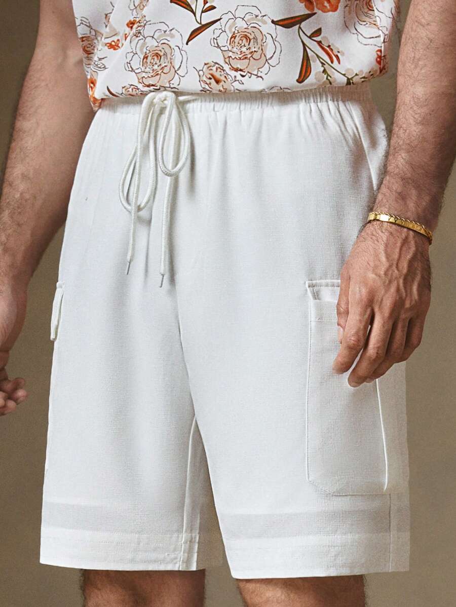Manfinity ModaGents Men's Casual White Cargo Pocket Drawstring Woven Shorts, Suitable For Daily Wear In Summer, Summer White Shorts, Summer Shorts, Summer Outfits, Summer Clothes, Bermuda Men Shorts Beach Pants, Comfy Shorts, Camping And Mountaineering White Shorts, Matching Outfits Couples, Men Gifts, Shorts Suitable For Boyfriend Or Husband To Wear, Men's Beach Shorts