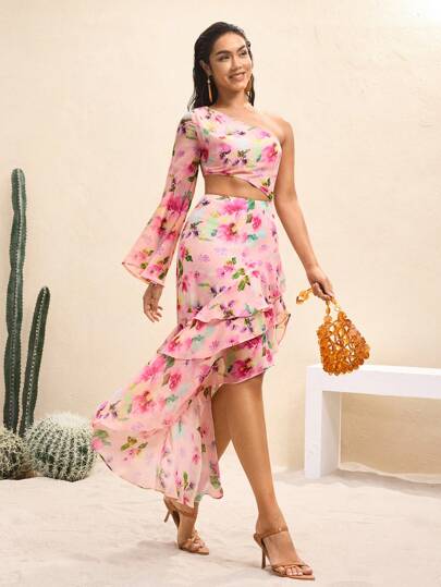 BY FELIZIA Pink Floral Print Chiffon One Shoulder Cut Out Wasit Layer Ruffles Flared Sleeve Starfish Dress Spring And Summer Dress For Women Vacation Sundress