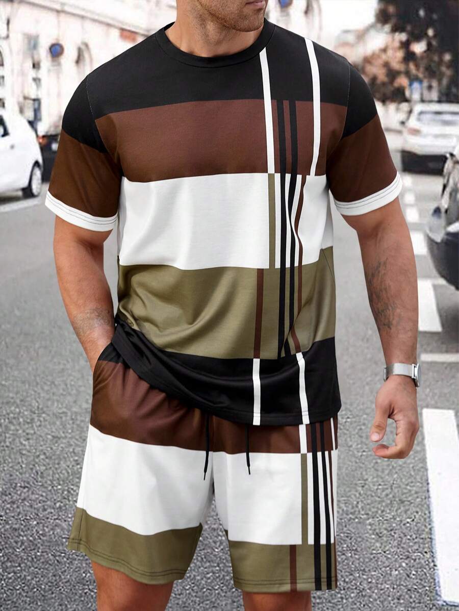Manfinity Homme Conjunto de top de manga corta con estampado y shorts para hombre talla grande, ropa casual de moda simple para uso diario