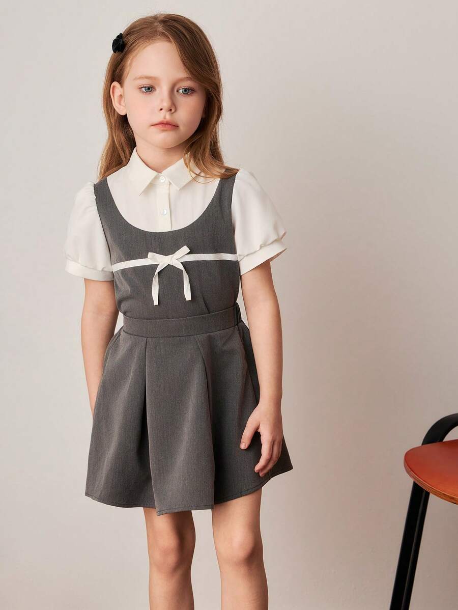 PrepCrw Conjunto de camisa y minifalda de parchwork gris y blanco para niñas, primavera/verano